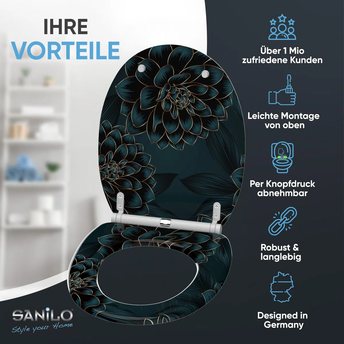 Sanilo WC Sitz mit Absenkautomatik, viele neue Toilettendeckel zur Auswahl, hochwertige Oberfläche, einfache Montage, stabile Scharniere (Dahlien)