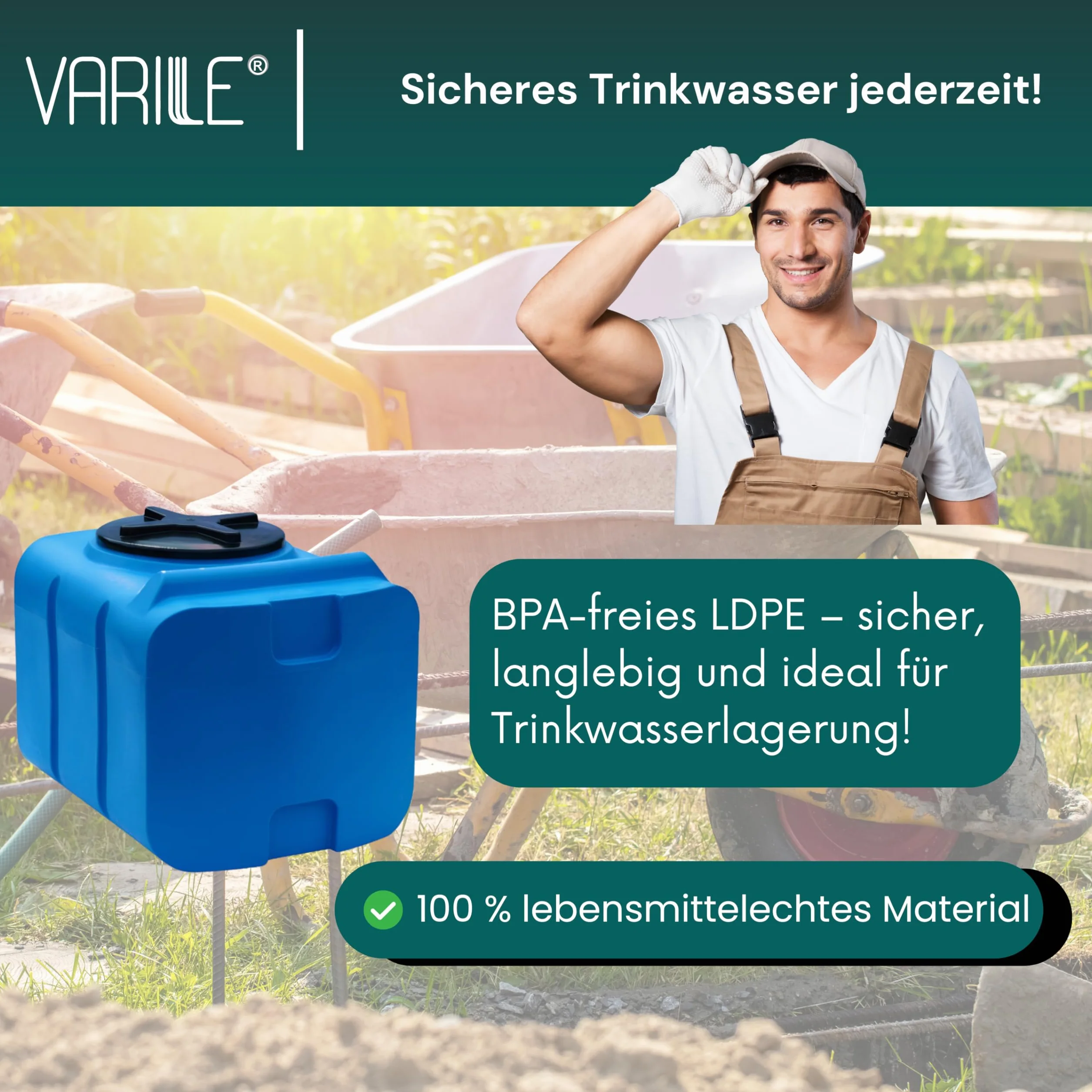 Varile 200L Trinkwassertank in Blau – Lebensmittelecht, BPA-frei, UV-beständig, mit 3/4" Messinggewinde für vielseitige Nutzung