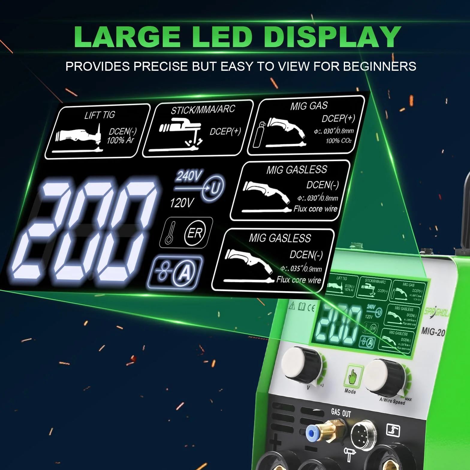 200A 240V 5-in-1 Schweißgerät: MIG/MAG, Fülldraht ohne Gas, MMA, Lift TIG – kompatibel mit Spool-Gun, synergische Steuerung, IGBT-Inverter, LED-Display – für Profis und Heimwerker