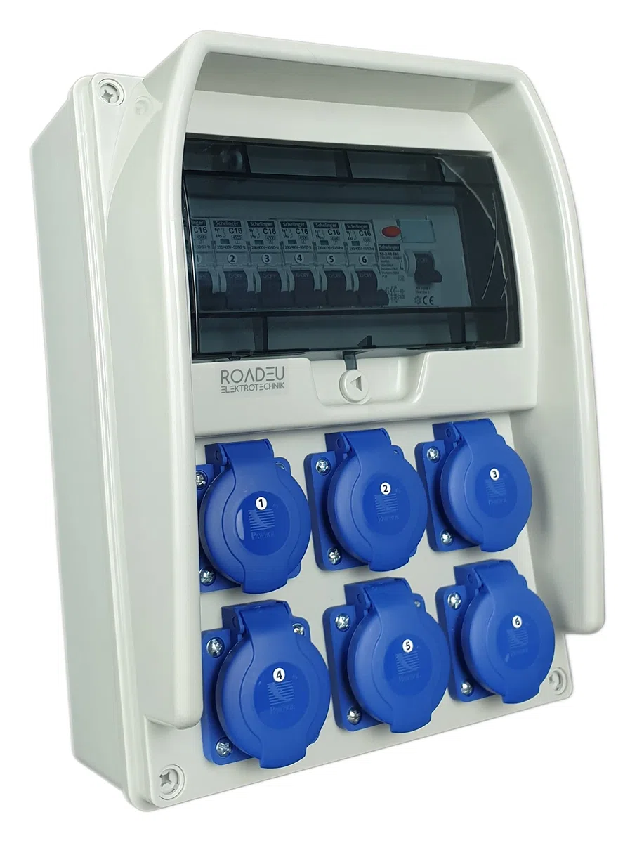 RoadEu Stromverteiler, 6x Schuko Steckdose mit Leitungsschutzschalter - Baustromverteiler mit Fi Schutzschalter und 6x Sicherungsautomat "C" 16A. Einzelphase