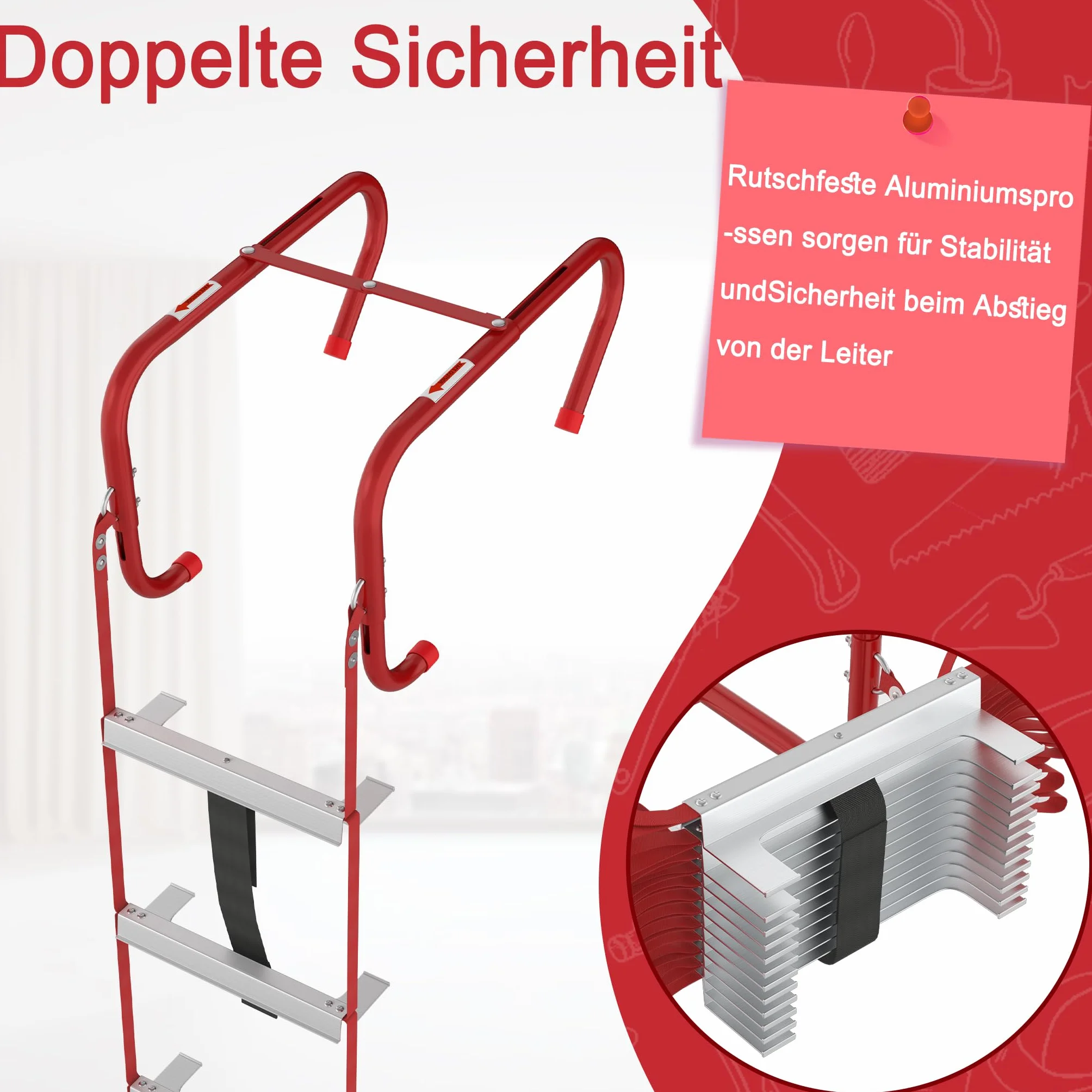 LZQ Feuerleiter Fluchtleiter,Sicherheitsleitern Feuerfeste Rettungsleiter aus Hochfestes Polyester,Max Tragfähigkeit 450 kg,Strickleiter für 2-stöckige Gebäude Balkon Fenster (15 M (45 Stufen))