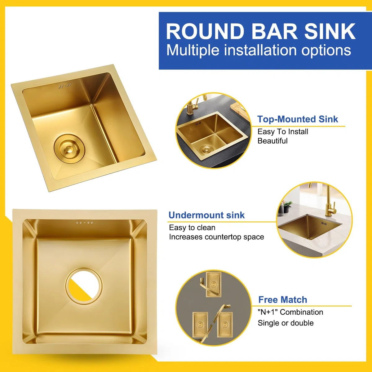 Gold Bar Mini-Spüle, Unterbau, Drop-In Bar-Spüle, Topmount kleine Küche, Einzelbecken, Edelstahl-Arbeitsplatzspüle mit Zubehör-Set, 21,3 cm tief (38 x 38 cm)
