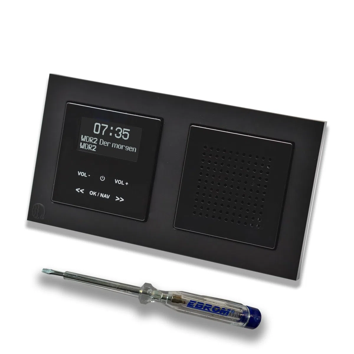 Merten Unterputz DAB+ und Bluetooth Radio MEG4375-0303 mit Lautsprecher in schwarz glänzend, edel abgestimmt mit einem M-Pure schwarz matt Rahmen, inkl. EBROM Phasenprüfer zur Montage der Geräte