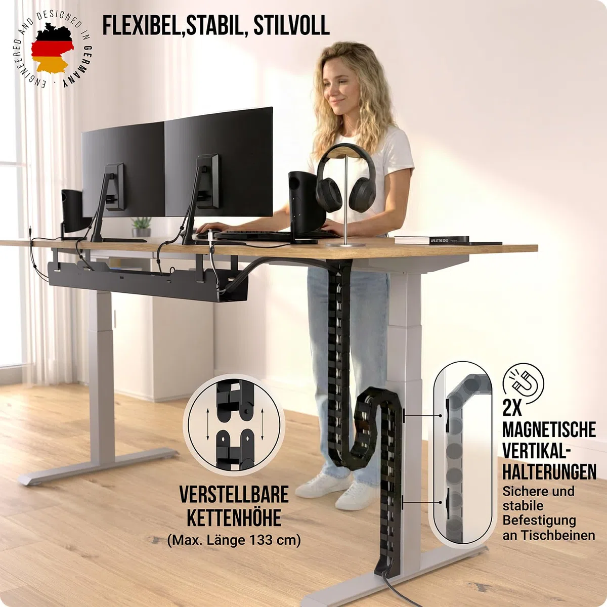 Kabelführung Schreibtisch, Flexibel anbringbare Kabelschlange, Robuste Kabelkette, Flexibler Kabelkanal für ideales Schreibtisch Kabelmanagement und für höhenverstellbare Schreibtische (Schwarz)