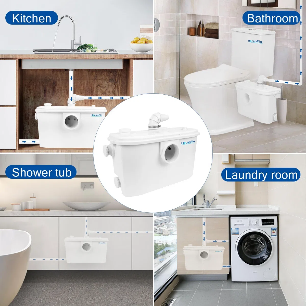 Bomba de agua FLO750W Schmutzwasser Fäkalien Hebeanlage Kleinhebeanlage für WC Toiletten, Dusche, Waschbecken, Waschmaschine, Spülmaschinen, Abnehmbare inspektionsplatte 4 Eingänge, 2 Ausgänge