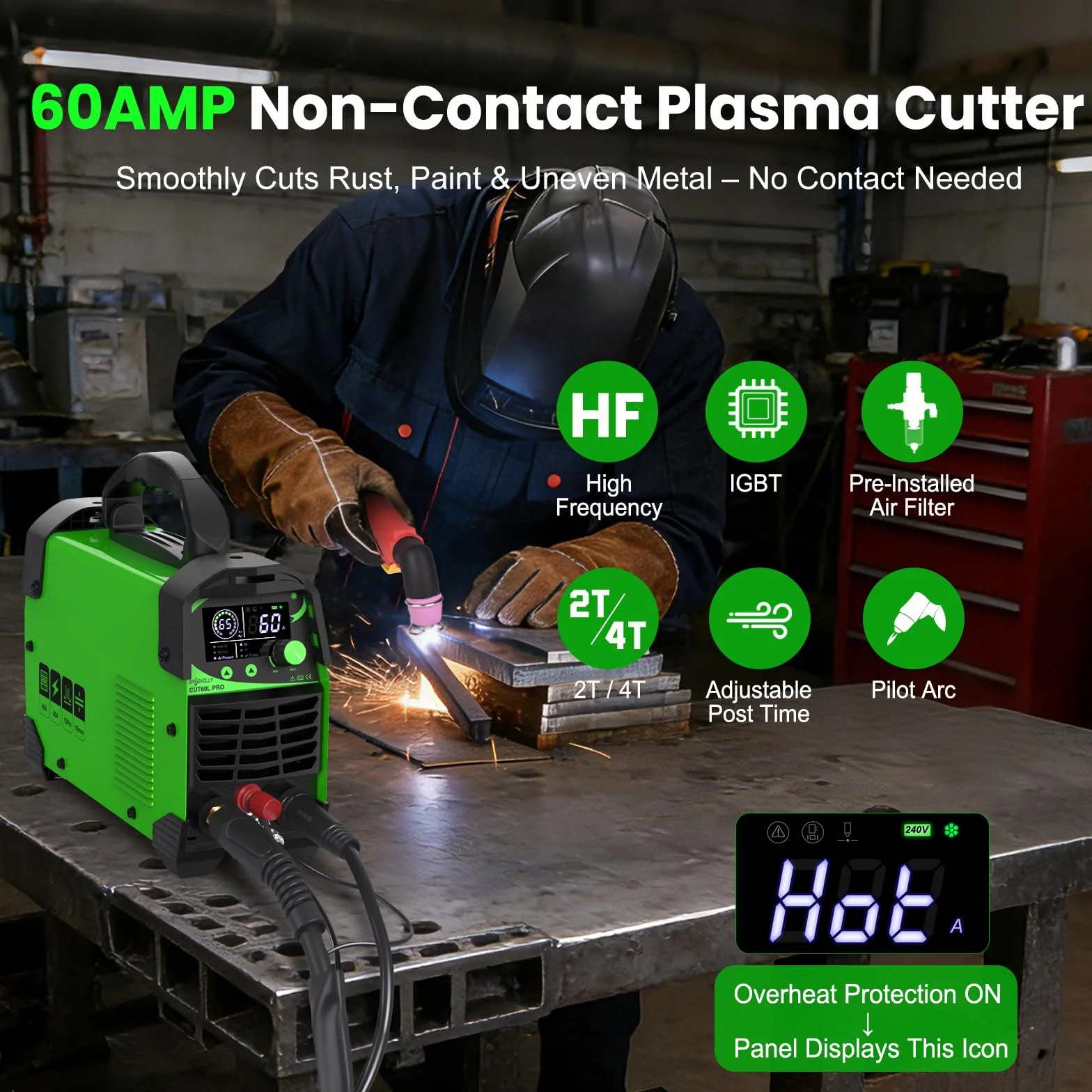 CUT60L PRO – 60A IGBT Plasmaschneider mit Pilotlichtbogen, 240V, 2T/4T – max. Schneiddicke 16 mm, Digital-LED-Display, tragbar