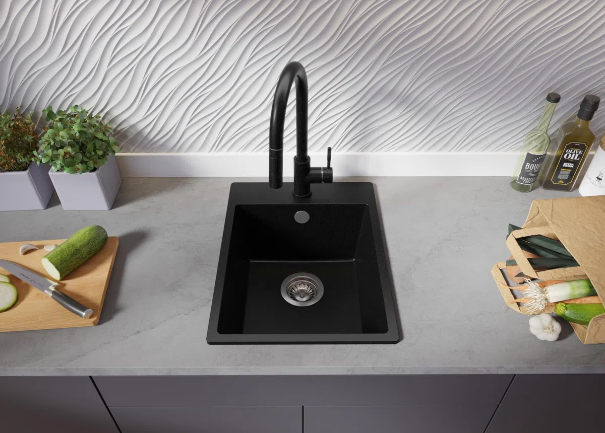 PRIMAGRAN Granitspüle Schwarz 38x50cm, Spülbecken 1 Becken + Küchenarmatur 32x20cm + Ablauf-Set, Küchenspüle ab 40er Unterschrank - Riga S045