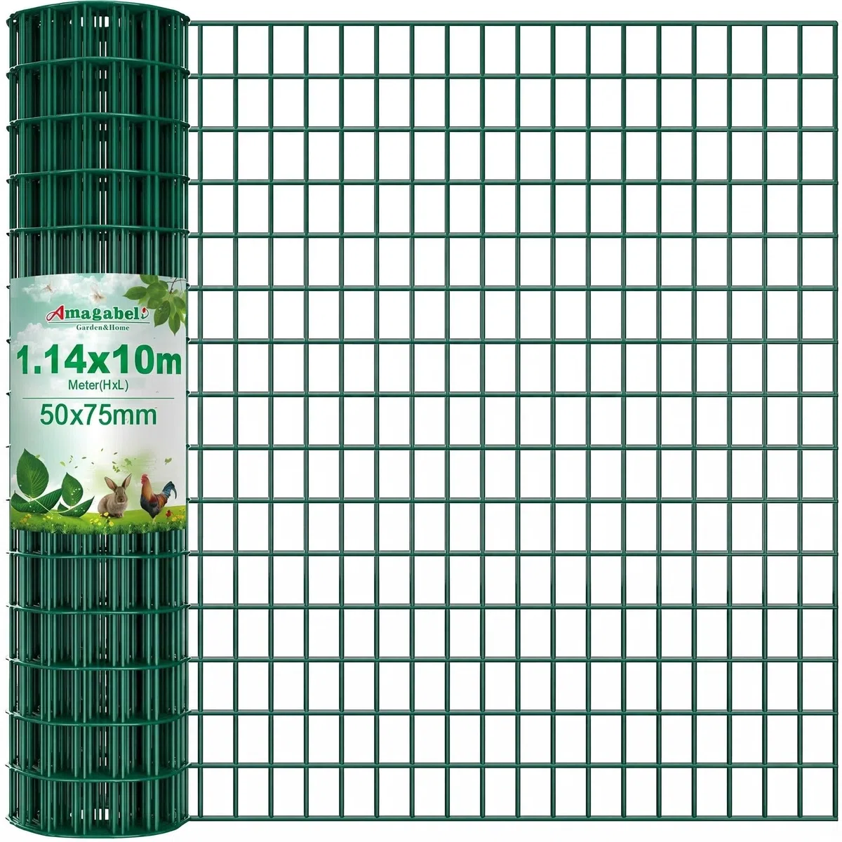Amagabeli 1.14M x 10M Drahtzaun Grün | Gartenzaun aus Stahl mit PVC-Beschichtung | Maschendraht 50x75 mm | Sichtschutz, Hundegitter, Geflügelzaun, Kaninchendraht, Wildschutz