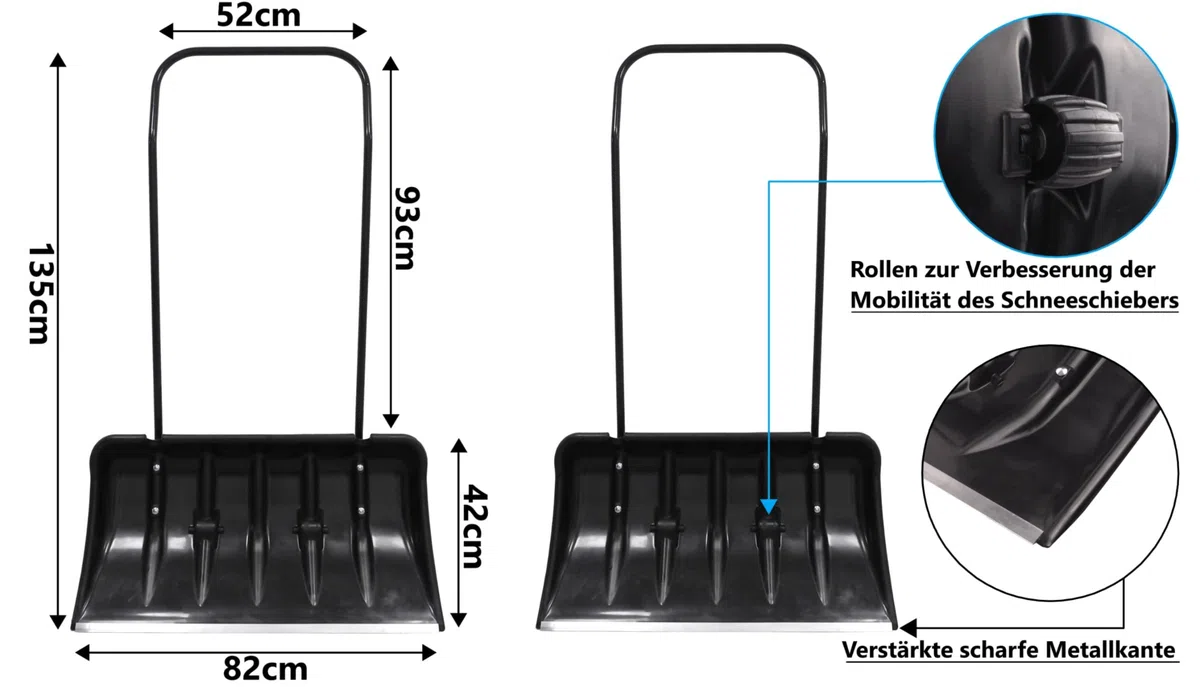Schneeschaufel 82 cm mit Rädern und ergonomischem Griff Schneewanne mit Alu-Profilkante Metall-Stiel Kunststoff-Blatt Schneeschieber Eckig robuste Kratzschaufel Aluminiumkante