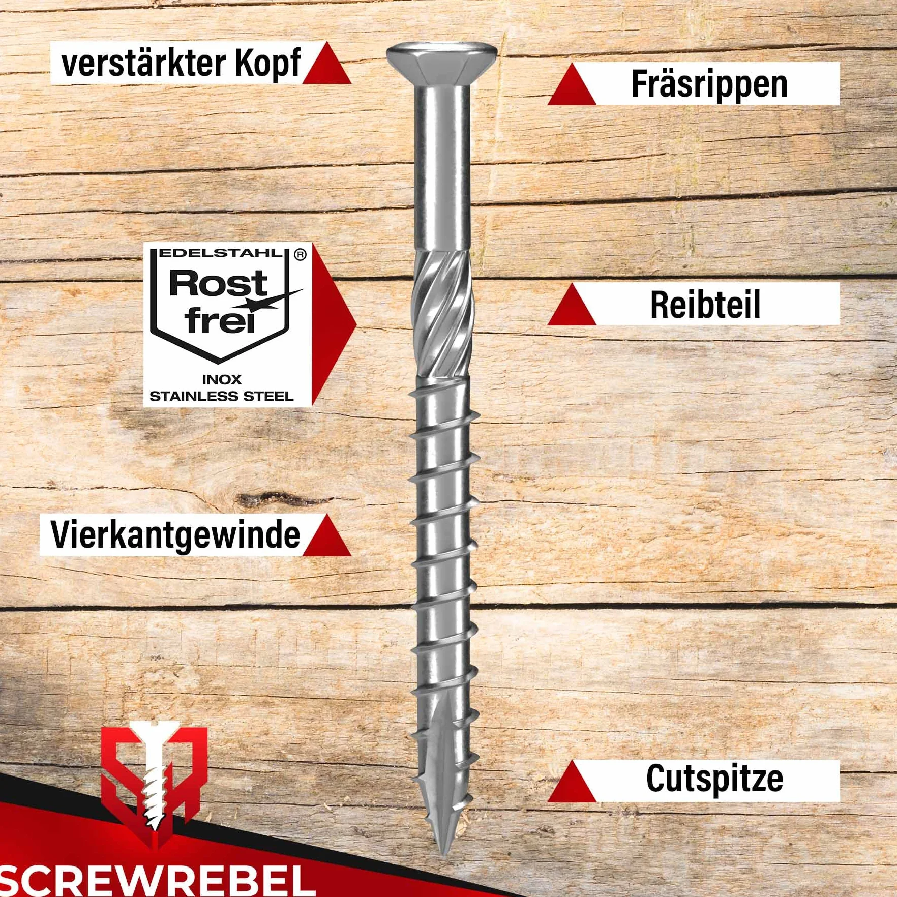 SCREW REBEL Terrassenschrauben 5 x 60 T-INOX 500 Stück Edelstahl gehärtet C1, Torx 25, inkl. Edelstahl Bit