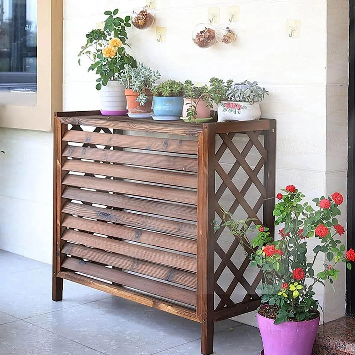 Klimaanlagen Zaun Bildschirm Massive Holzblumenregalläden Conditionierende Abdeckung Außeneinheit Massivholz Gitter dekorativ,L110 X W50 X H85cm