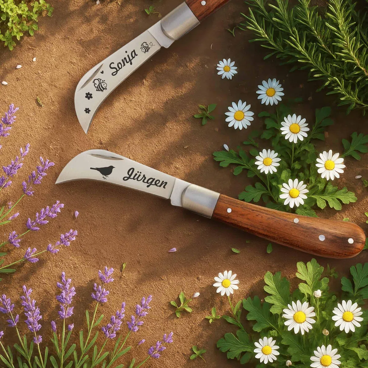 ADAM WILD Gartenmesser mit Gravur | Geschenke für Gärtner & Gartenliebhaber | Personalisiert für Hobbygärtner | gebogene Hippe-Klinge aus Edelstahl | zum Kräuter-, Blumenschnitt & Ernten | Gartenwerkzeug