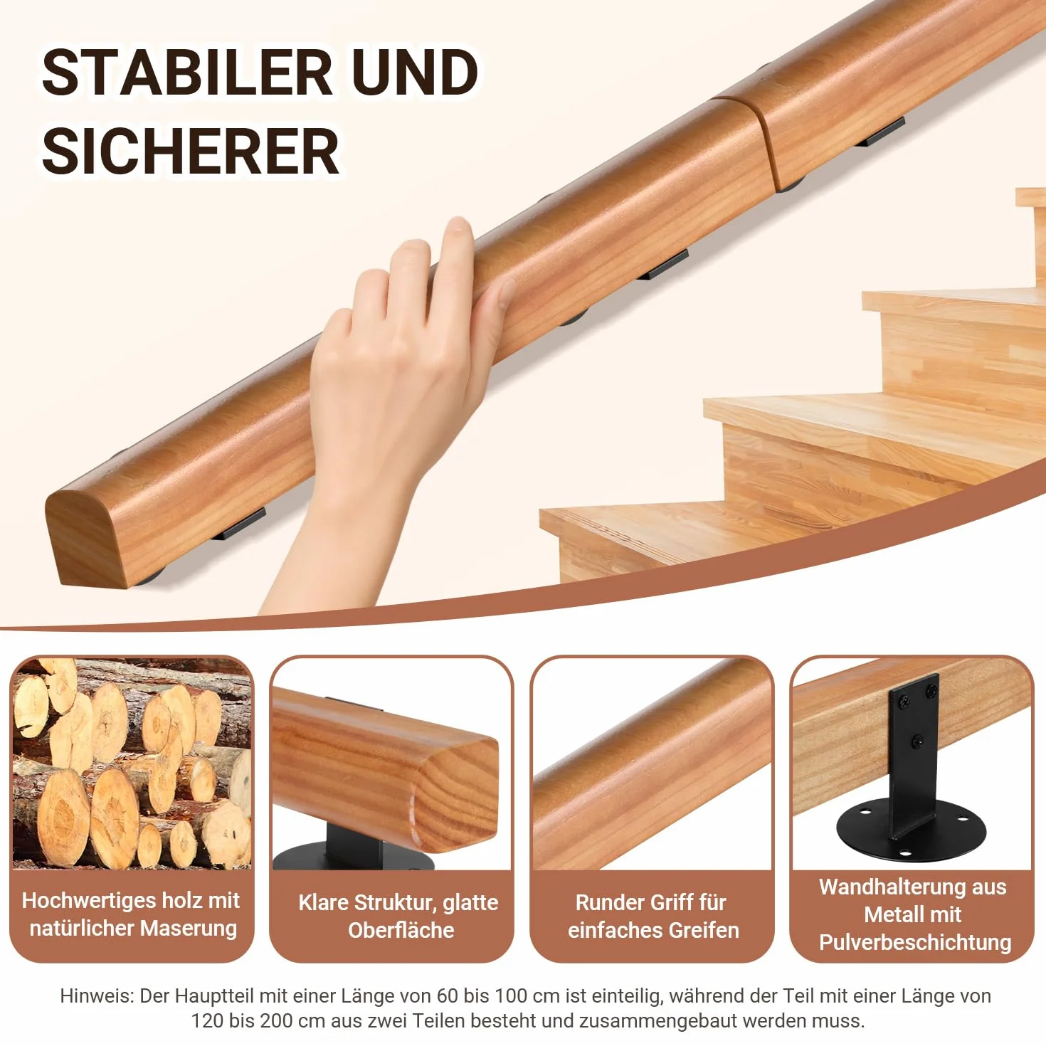 Ikodm Kiefernholz Handlauf Treppengeländer 200cm Geländer für Treppe Treppe Wandhandlauf Wand Treppe seitliche Montage, Inklusive Wandhalterungen, Montagematerial, für Indoor, Halbrunde Wood