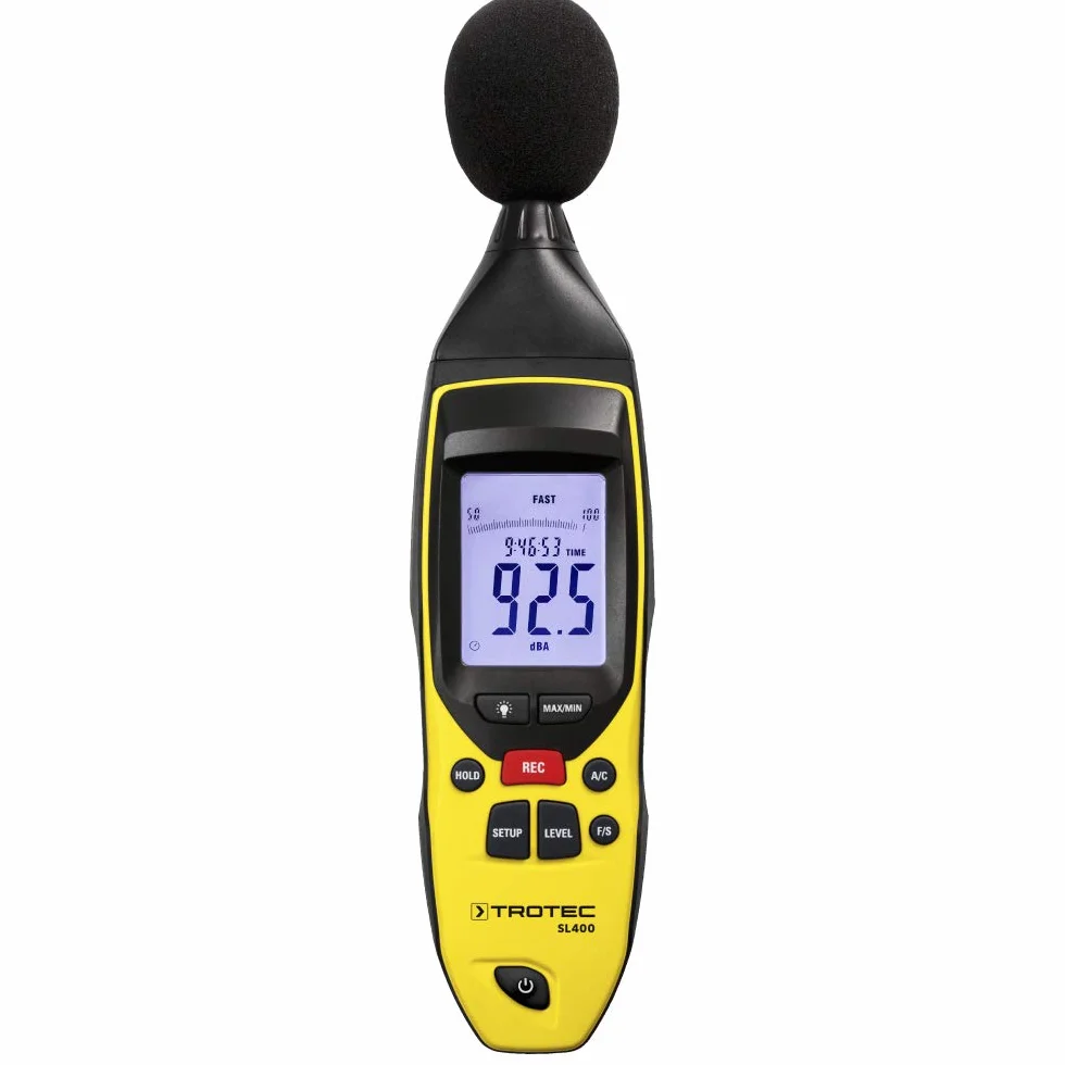 TROTEC Dezibel Messgerät SL400 – Schallmessgerät geeicht, mit Aufzeichnung – Messbereich 30 bis 130 dB (A), Klasse 2, Speicher 32.700 Messwerte, Komplett-Set
