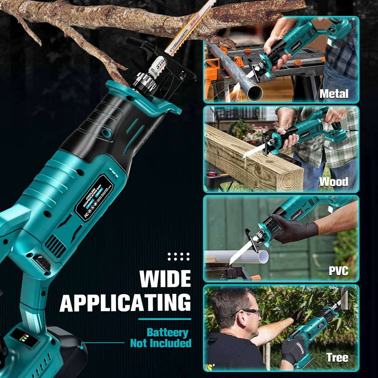 LIVOWALNY Akku Säbelsäge Kompatibel mit Makita 18V (Ohne Akku) - Reciprosäge Bürstenlos Motor 3200 SPM, 3 variable Geschwindigkeiten mit 4 Sägeblätter für Metall/Holz/PVC (Blau)