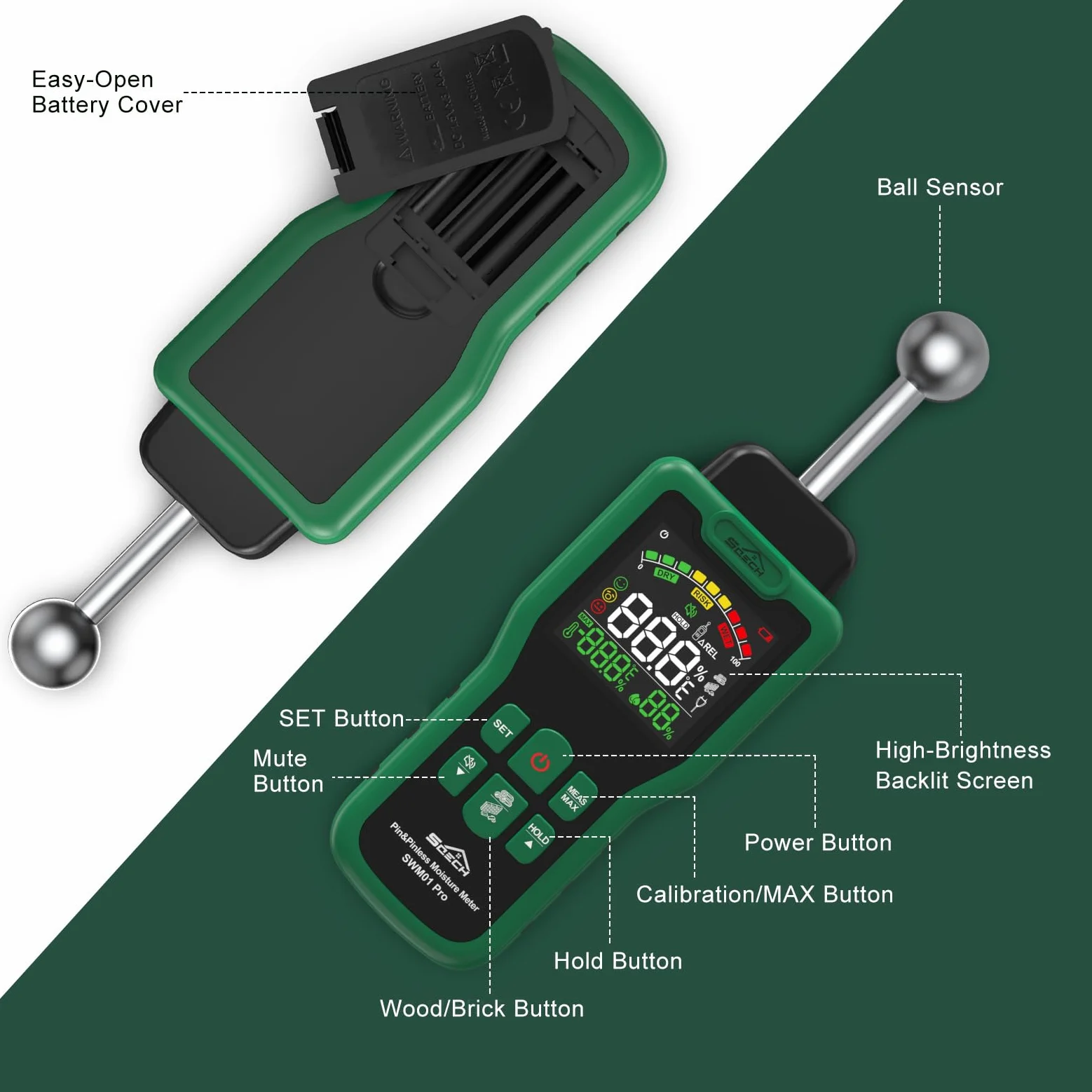 Feuchtigkeitsmessgerät, SQECH Feuchtigkeitsmesser mit Thermometer, Alarm, Multifunktionaler Feuchtemessgerät mit Farb-LCD, Nadel-Sensor für Wand, Holz, Mauerwerk,Wohnwagen, Wohnung