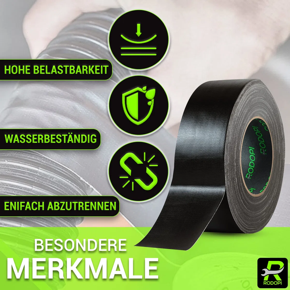 RODOPI Panzertape RaceTape 50mm x 50m Industrie Gewebeband Silber Schwarz Weiß Panzerband extra stark Gewebeklebeband Stärke 0,30mm Gaffa Tape Duct Tape (Schwarz, 24 Rollen)