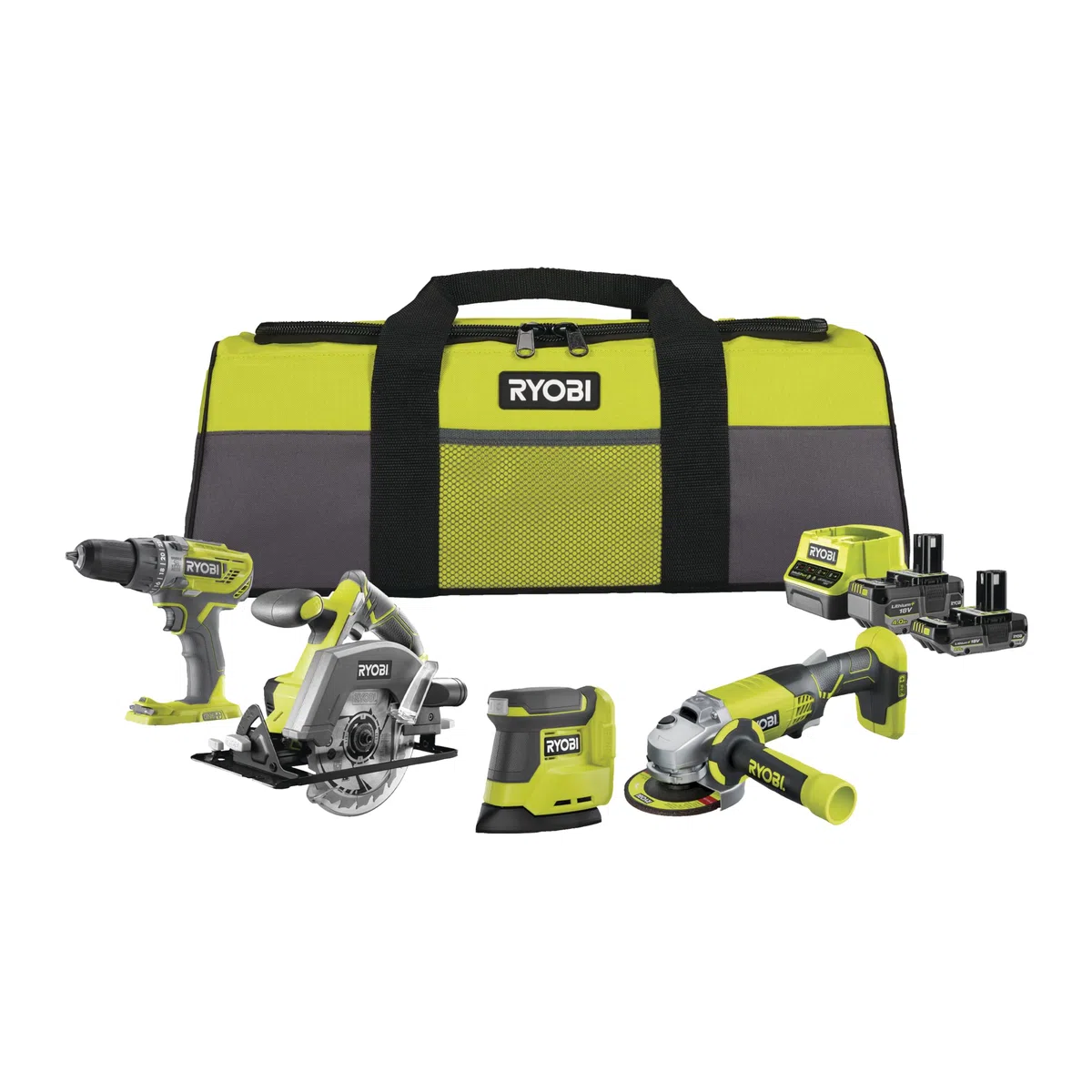 RYOBI 18 V ONE+ 8-tlg, Akku-Combo-Kit RCK184O-242SZL, Schlagbohrschrauber, Winkelschleifer, Handkreissäge, Delta-Vibrationsschleifer, 2x Akkus (4,0Ah & 2,0Ah), Ladegerät, Werkzeugtasche