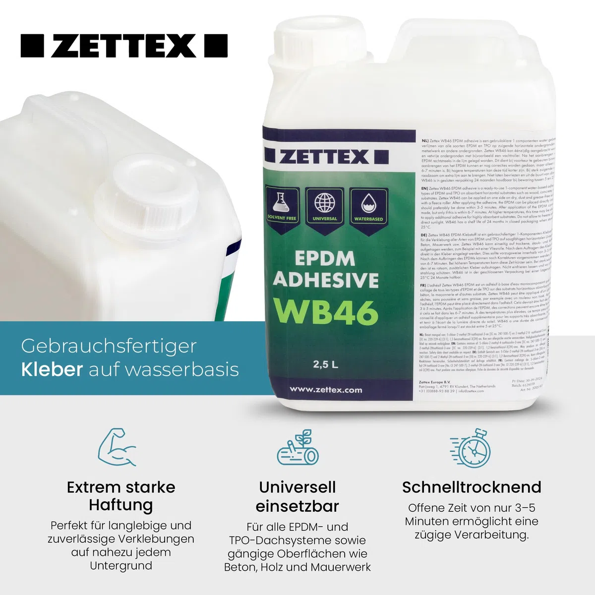 Set EPDM Dachfolie 1,2 mm mit Zettex WB46 Kleber (2 L) - 3,05 x 3,00m EPDM Folie plus wasserbasierter EPDM Folienkleber - Lösungsmittelfrei, UV-beständig & langlebig für Dachabdichtungen