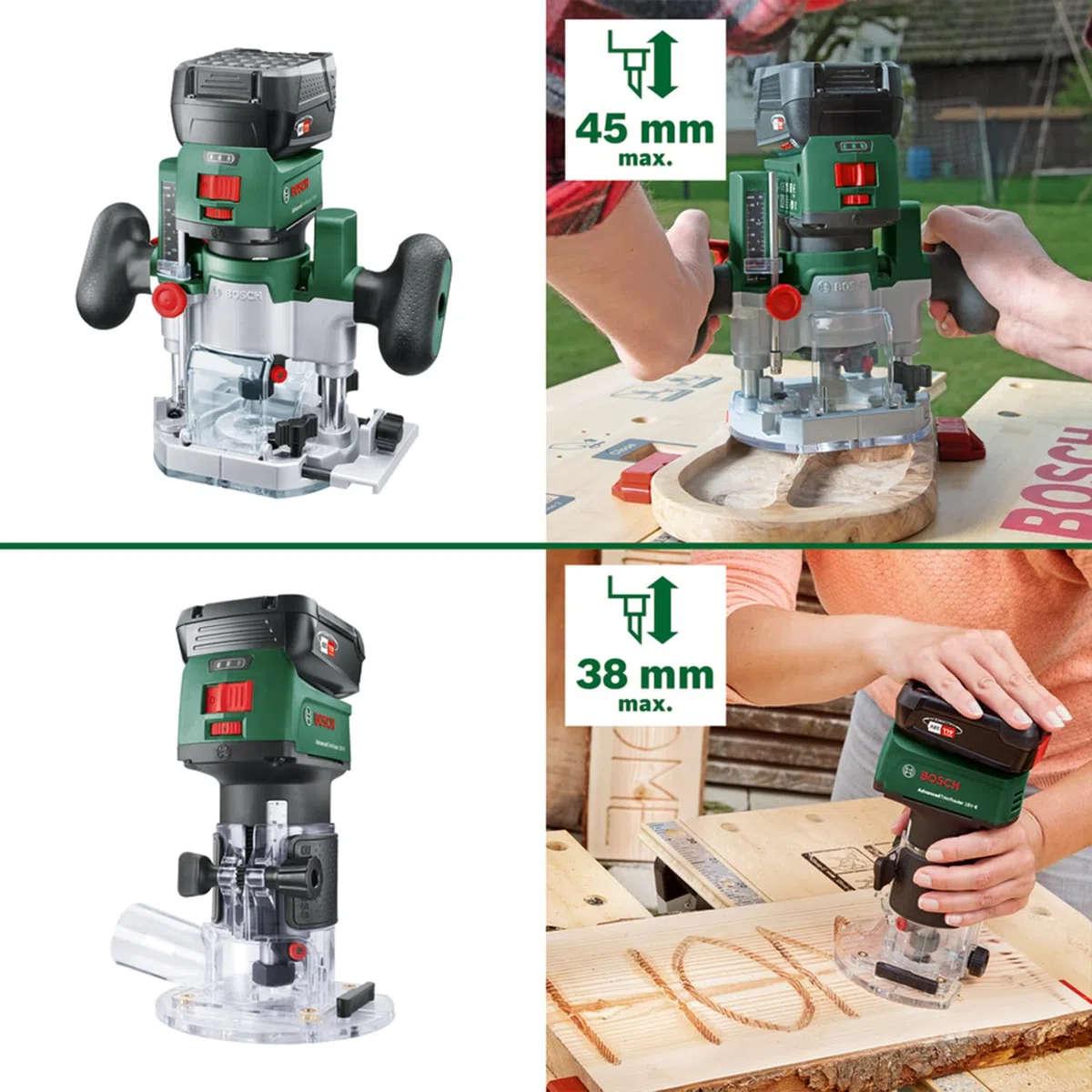 Bosch 2in1 Akku-Kanten-/Oberfräse AdvancedTrimRouter 18V-8 (zum Fräsen von Kanten, Nuten und kreativen Motiven; inkl. 2 Fräskörben + Zubehör, 18 Volt System; Bürstenloser Motor; in SystemBox M)