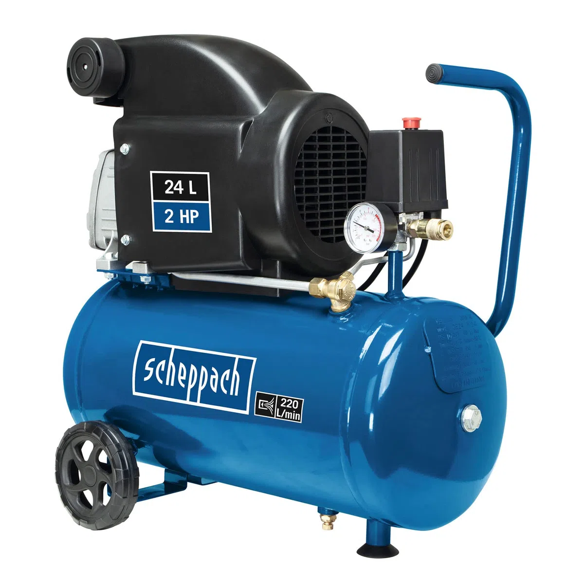 Scheppach Kompressor HC26 Druckluftkompressor | 220 l/min Ansaugleistung | 24 Liter Kessel | 1500W | 8 bar | ölgeschmiert | mit Griff und Fahrvorrichtung | inkl. 5m Schlauch, Reifenfüllgerät + Zubehör