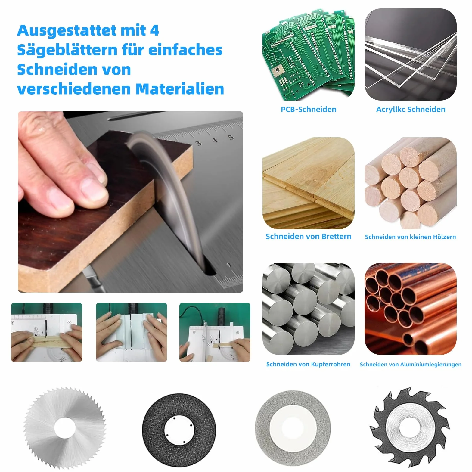 Tischkreisäge mit 4 Klingen, 7-Gang-Netzteil Einstellbarer, Tischkreissäge Klein Tragbare Präzisions, Table Saw Blade 0,1-15mm Sägeblatt Hönverstellbarer, Mini Tischkreisäge für DIY-Holz