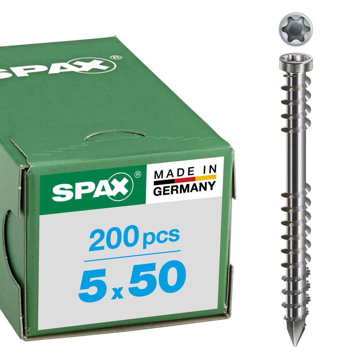 SPAX Terrassenschraube aus Edelstahl rostfrei A2, 5,0 x 50 mm, 200 Stück, T-STAR plus, Zylinderkopf, Fxiergewinde, CUT-Spitze, 0537000500503