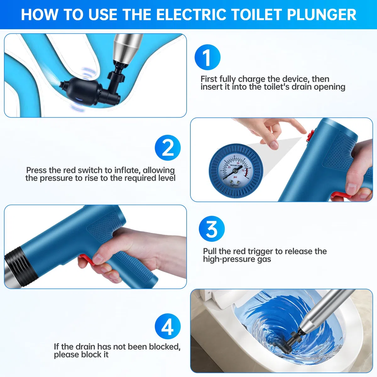 Rohrreiniger Druckluft, 4 in 1 Pömpel Toilette, Abflussreiniger Pumpe, Pressluft Rohrreiniger mit Luftdruckanzeige, für Waschbecken, Bodenablauf, Badezimmer, Toiletten, Dusche