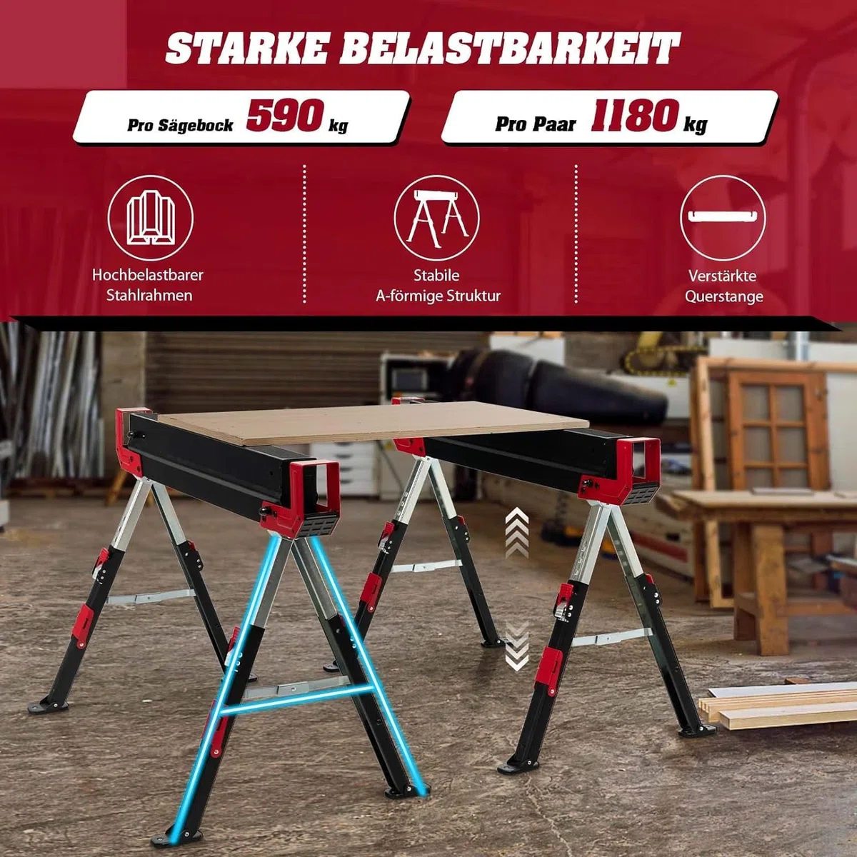 FANTASK 2er-Set Arbeitsbock höhenverstellbar bis 1180 kg belastbar mit Griff, Klappbarer Sägebock Rutschfeste PVC-Oberseite, Rot+Schwarz Tragbarer Unterstellbock