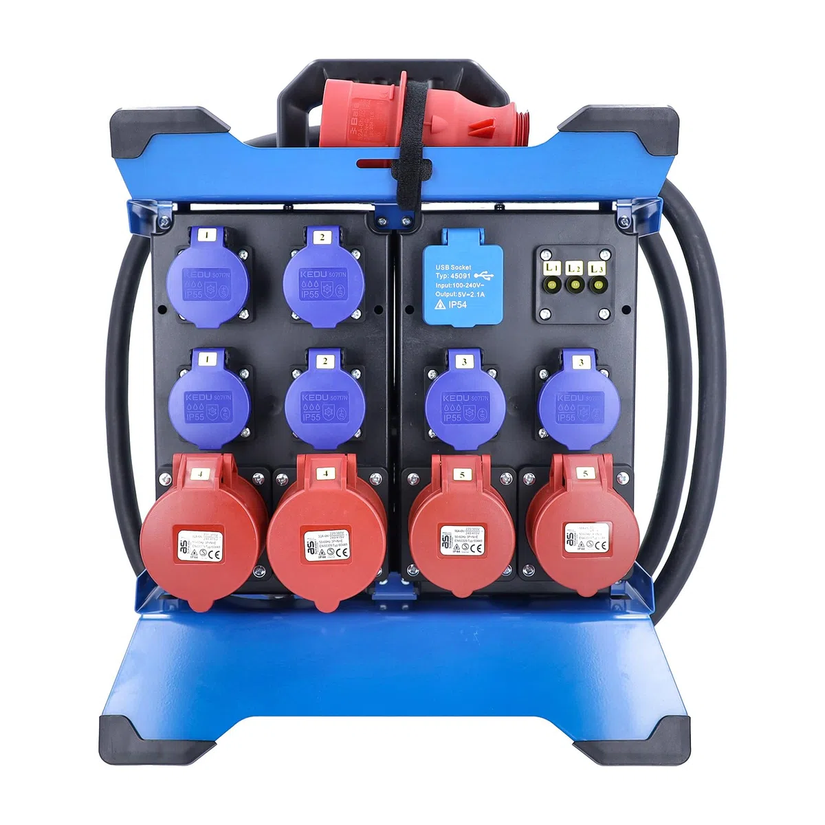 as - Schwabe CEE Stromverteiler STECKY 11, 4x SEV T23 IP55 & 2x CEE 16 A, 400 V 11 kW, 2,5 m H07RN-F 5G2,5, Robustes Metallgestell, IP44 spritzwassergeschützt