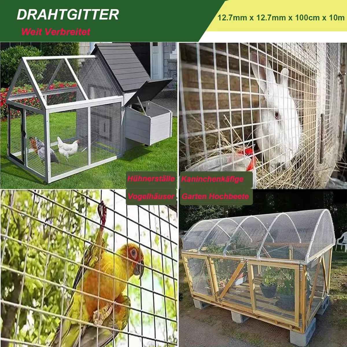 Wühlmausgitter 1m x 10m, Volierendraht 12.7mm x 12.7mm, Maschendraht Drahtgitter verzinkt, Metallgitter als Hasendraht Kaninchendraht Hühnerdraht, 0,7mm