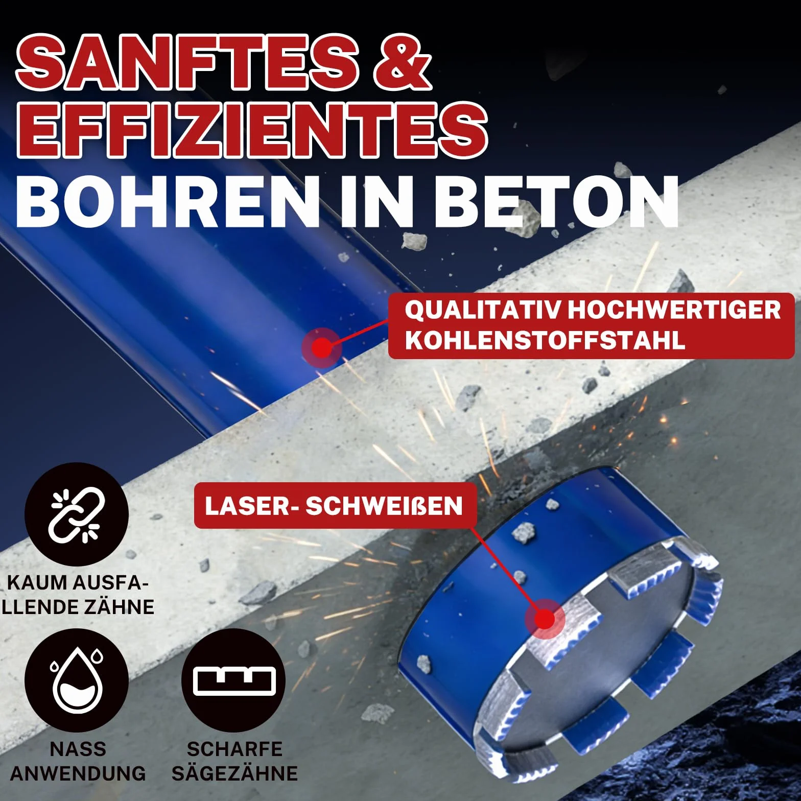 51 mm Kernbohrer – 410 mm Schnitttiefe, 1‑1/4 Zoll – Nassbohren Diamantbohrkrone für Stahlbeton, Mauerwerk, Naturstein, Ziegel (460 mm Gesamtlänge)