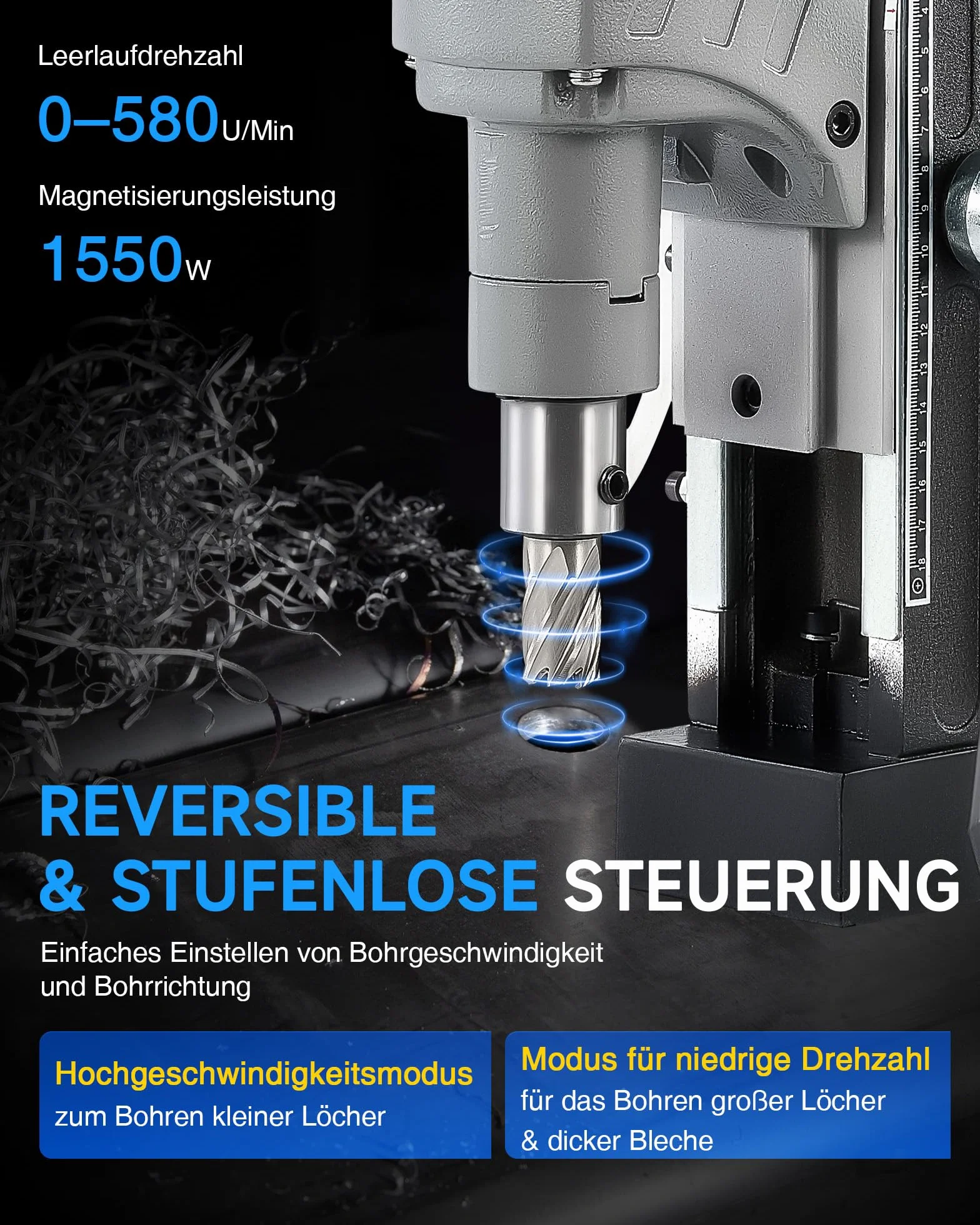 ZELCAN Magnetbohrmaschine 1550W Standbohrmaschine 11 Bohrer 13000N Tischbohrmaschine 580RPM Variable Geschwindigkeit 50mm Max. Durchmesser für Heimwerk Industrie Eisenbahn Schiffsbau, Höhenverstellbar