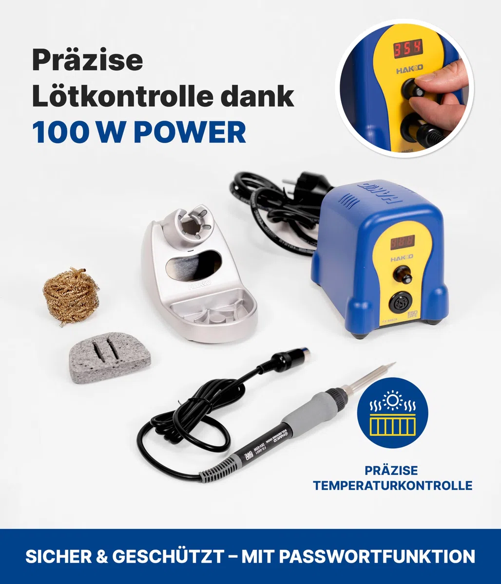 HAKKO® Lötstation FX-888DX Silber (100 W) – Digitale Lötstation mit hervorragendem Wärmeübertrag, kompakt für kleine Arbeitsplätze, ideal für präzises & professionelles Löten – inkl. Werkzeughalter
