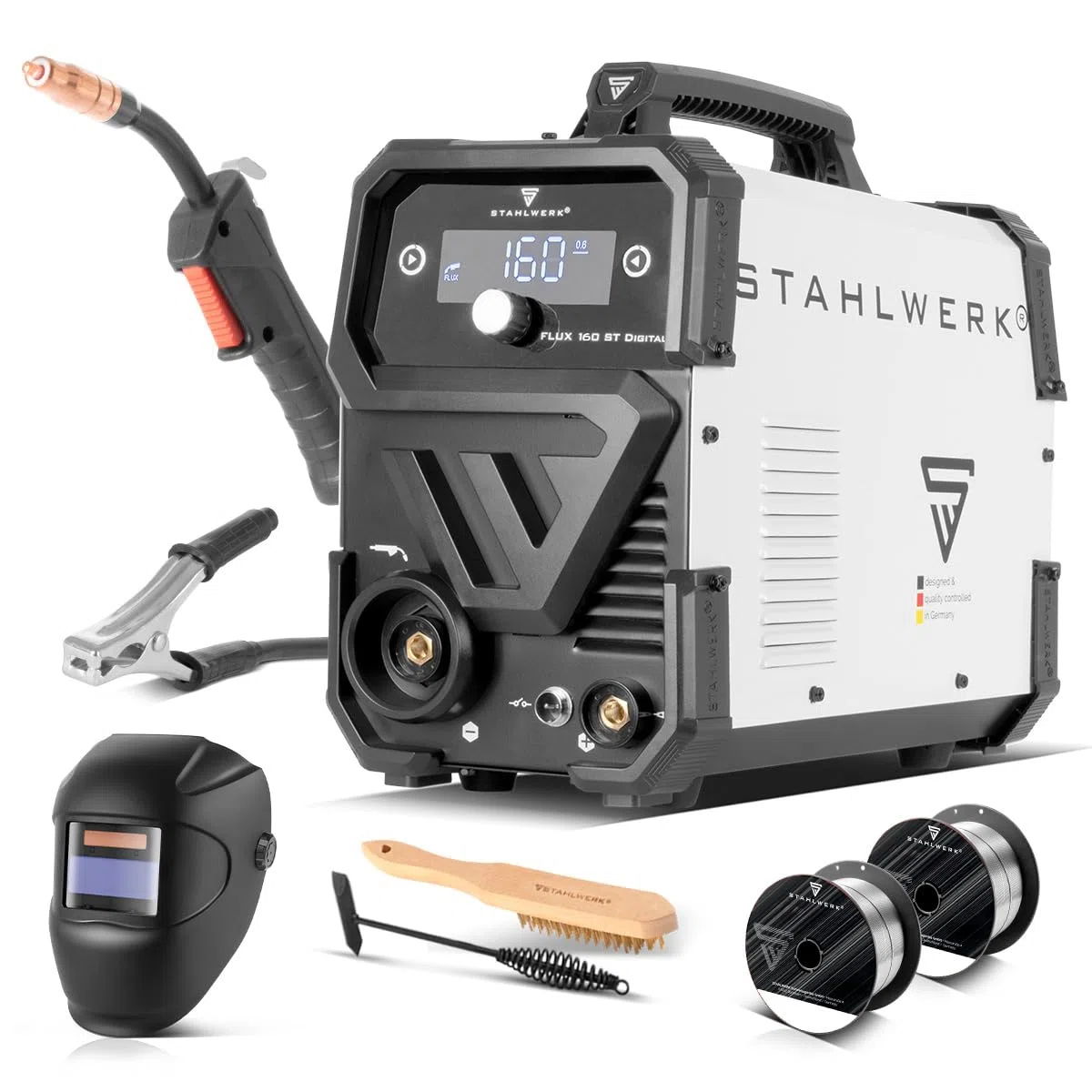 STAHLWERK Schweißgerät FLUX 160 ST Digital – Vollausstattung – 3-in-1 Kombi mit 160 A, Fülldrahtschweißen ohne Schutzgas, MMA (E-Hand/ARC), Lift-TIG (DC), synergischer Drahtvorschub, LED-Licht