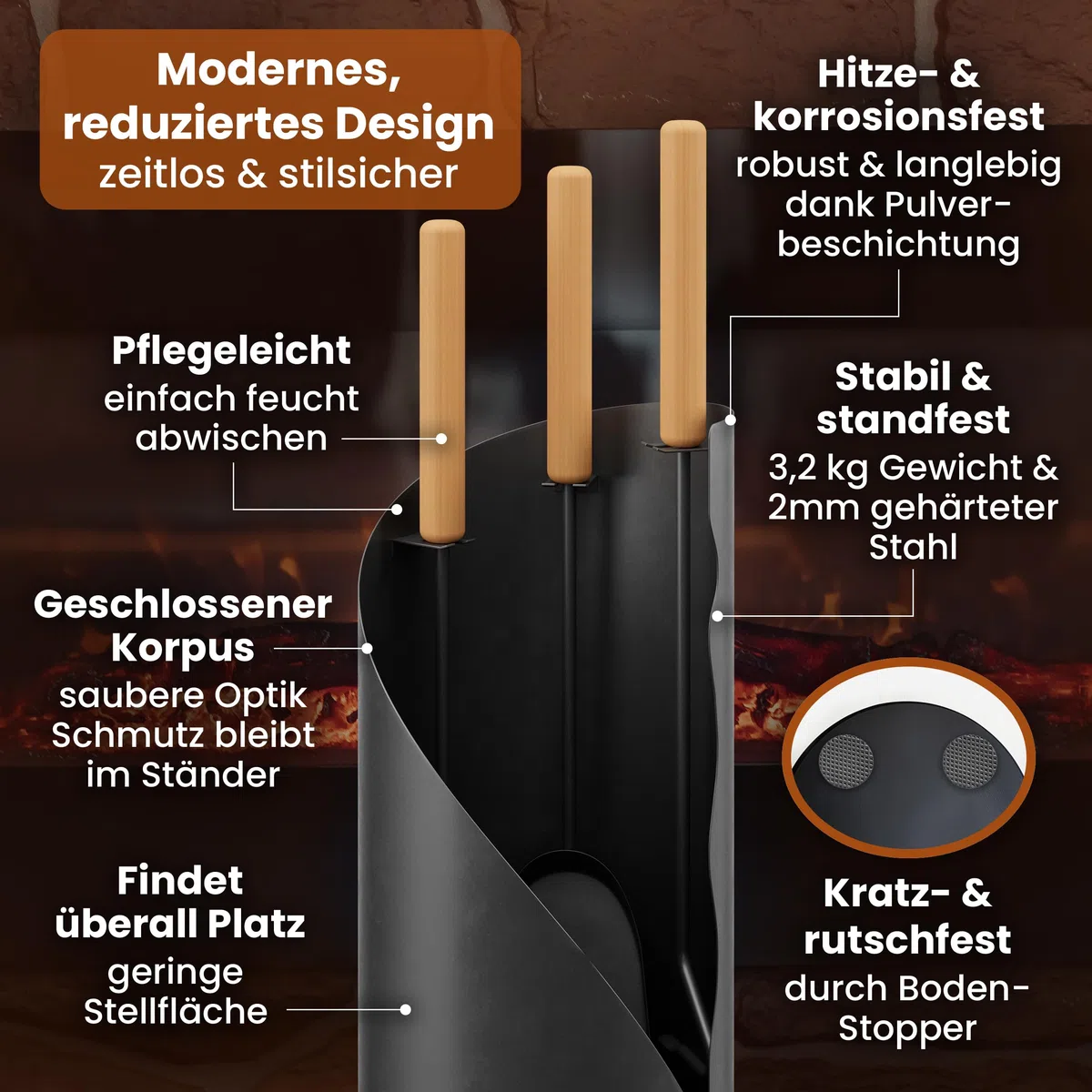 BLACK OAK Kaminbesteck VAIL 4-teilig - modernes Ofenbesteck Set schwarz mit Holzgriff 4 teilig mit Schürhaken Ascheschaufel Kaminbesen + Ständer modern Stahl - Kaminzubehör Kaminofen Besteck für Ofen