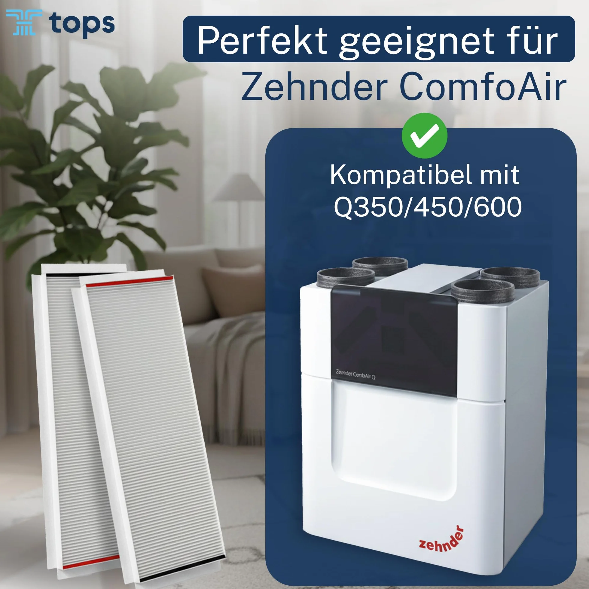 Tops Filter Für Zehnder ComfoAir Q350/450/600 | 4x Pollenfilter G4+F7 | Zehnder Filter ComfoAir Q350 | Ersetzt Original Zehnder 400502013