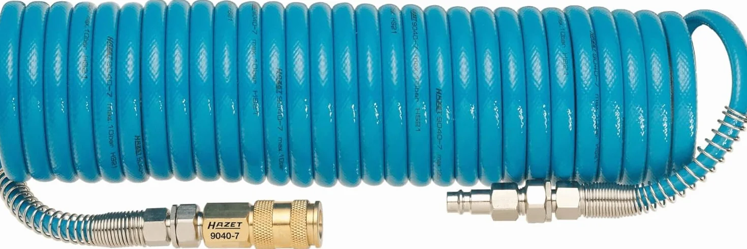 HAZET Spiralschlauch 9040-7 I hochflexibler Polyurethan Schlauch mit 7,62 m Länge, 12,91 mm Luftanschlussgewinde und 10 bar Arbeitsdruck - passend für eine Reihe an verschiedenen Druckluftarbeiten