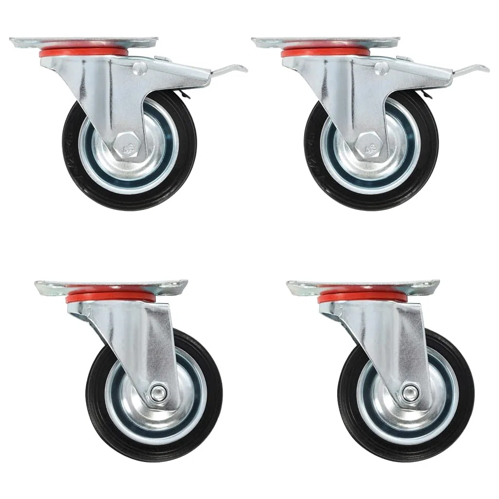 Lenkrollen Set 4 Stk 75 mm aus Gummi und Eisen mit Zinkbeschichtung, leise laufende Möbelrollen mit Doppelbremsen, 50 kg je Rolle für Werkbank Wagen Regal und Pflanzenständer