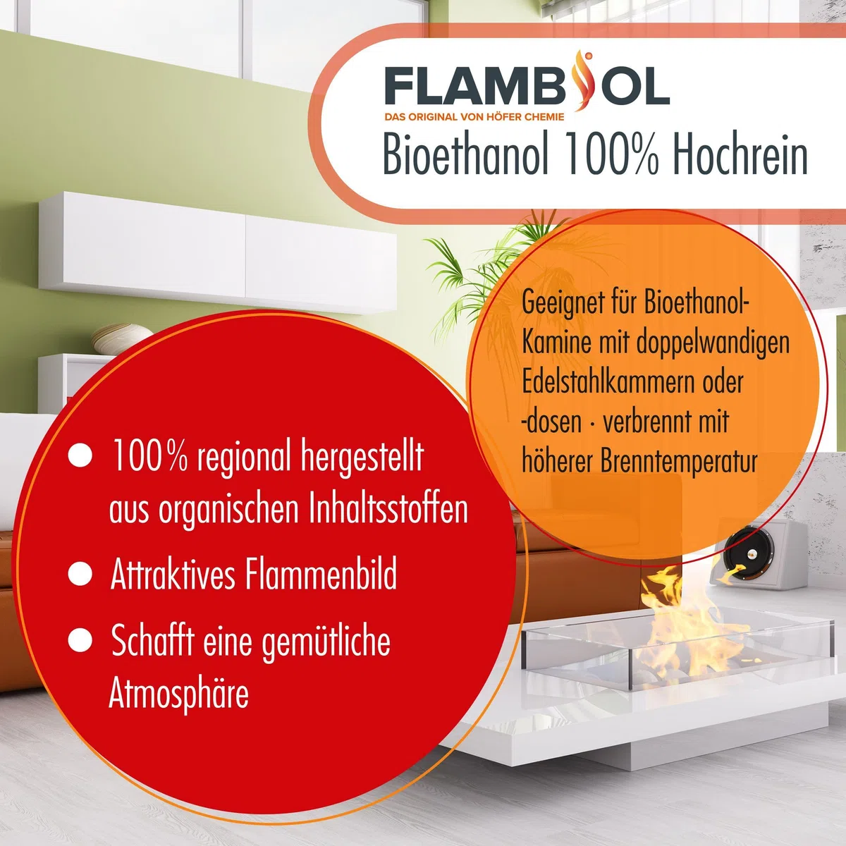 Höfer Chemie 10 L FLAMBIOL® Bioethanol 100% Hochrein für Ethanol Kamin, Ethanol Feuerstelle, Tischfeuer und Bioethanol Kamin