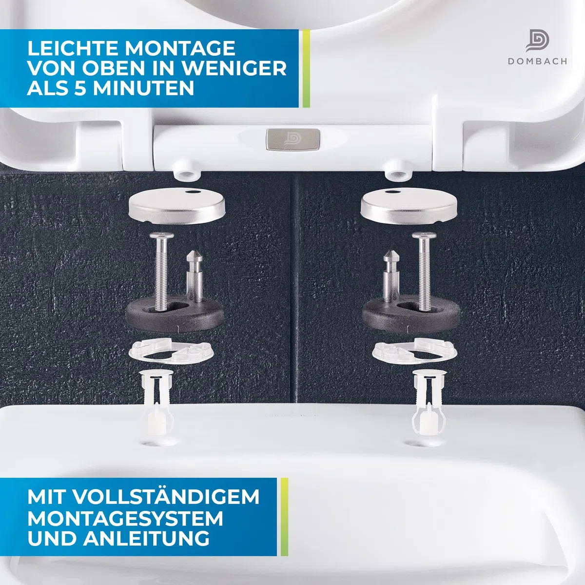 DOMBACH - Premium Toilettendeckel mit Absenkautomatik Abnehmbar (Weiß) WC Sitz mit Absenkautomatik, Klodeckel mit, Klobrille, Toilettensitz, WC Deckel, Toilettenbrille Klobrille, D-Form