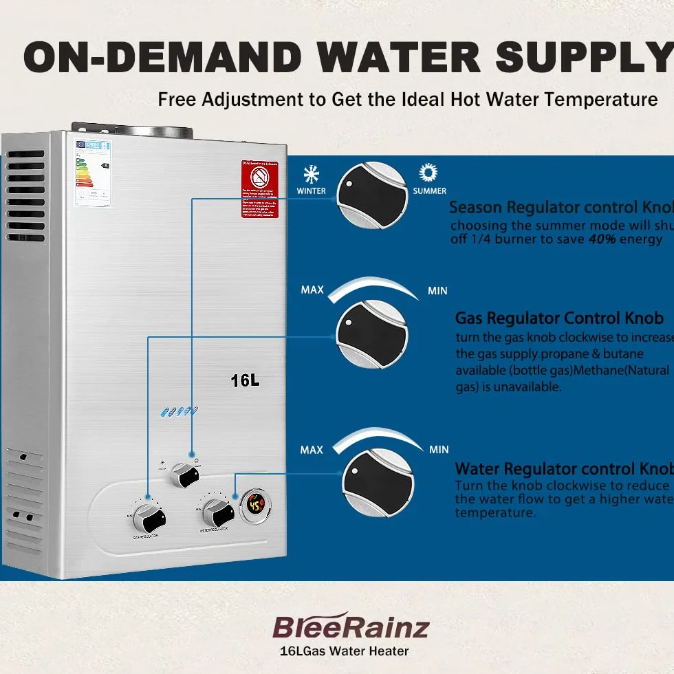 BreeRainz 16L Gas Durchlauferhitzer mit Duschkopf,32KW LPG Propan Butan Warmwasserbereiter, Super Niedrigem 0,2 bar Startwasserdruck für Zuhause Wohnmobile Kabinen