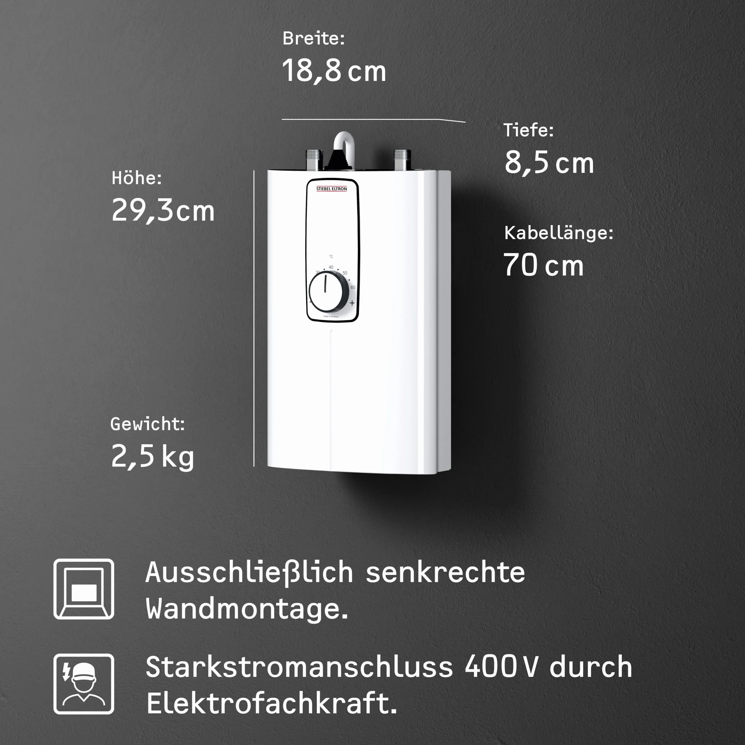 STIEBEL ELTRON elektronischer Kompakt Durchlauferhitzer DCE 11/13 kW für die Küche, Made in Germany, Festanschluss 400 V, solargeeignet, Untertischmontage, VDE geprüft, 230770