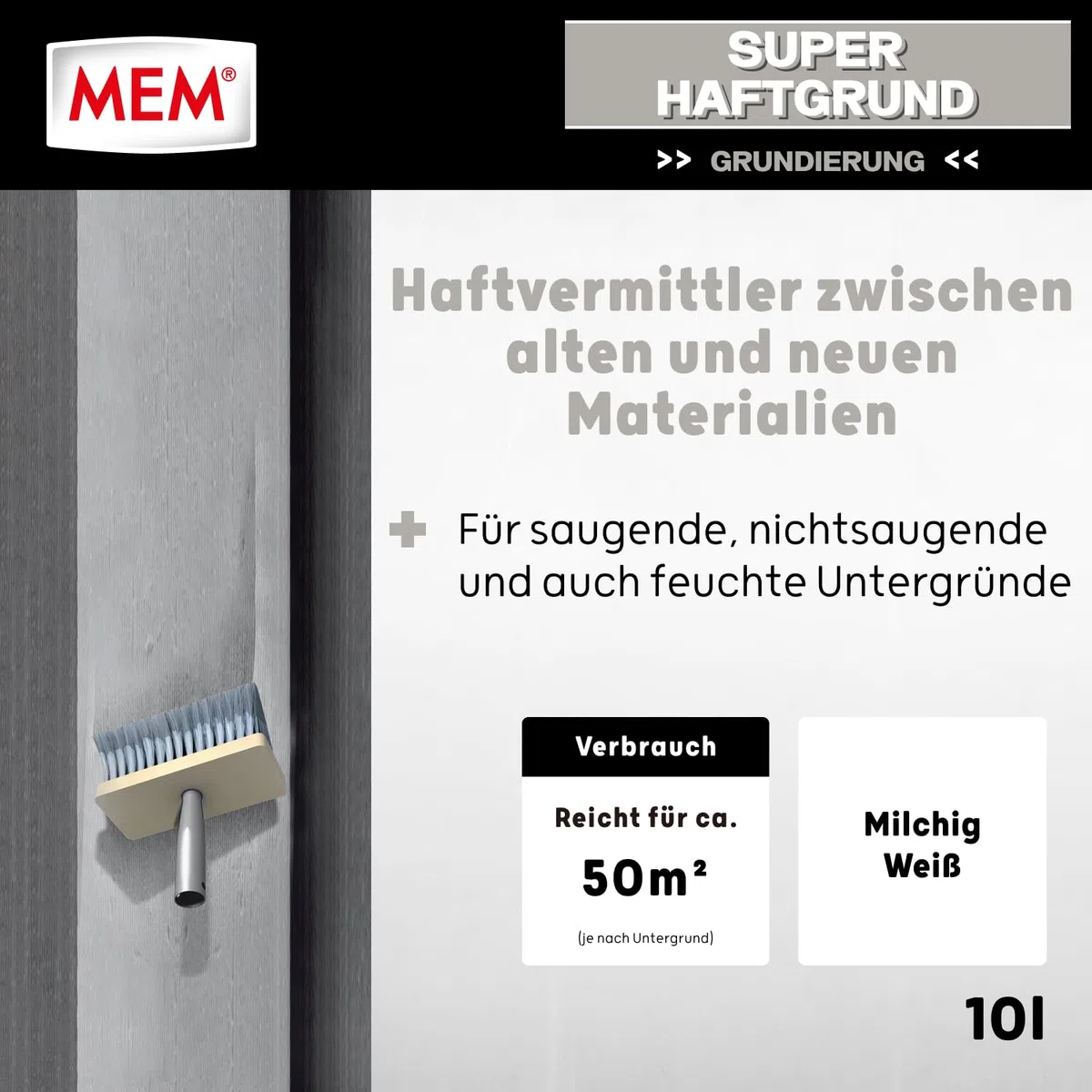 MEM Super-Haftgrund, Intensive Untergrundhaftung, Für saugende und nichtsaugende Untergründe, Lösemittelfrei, 10 l