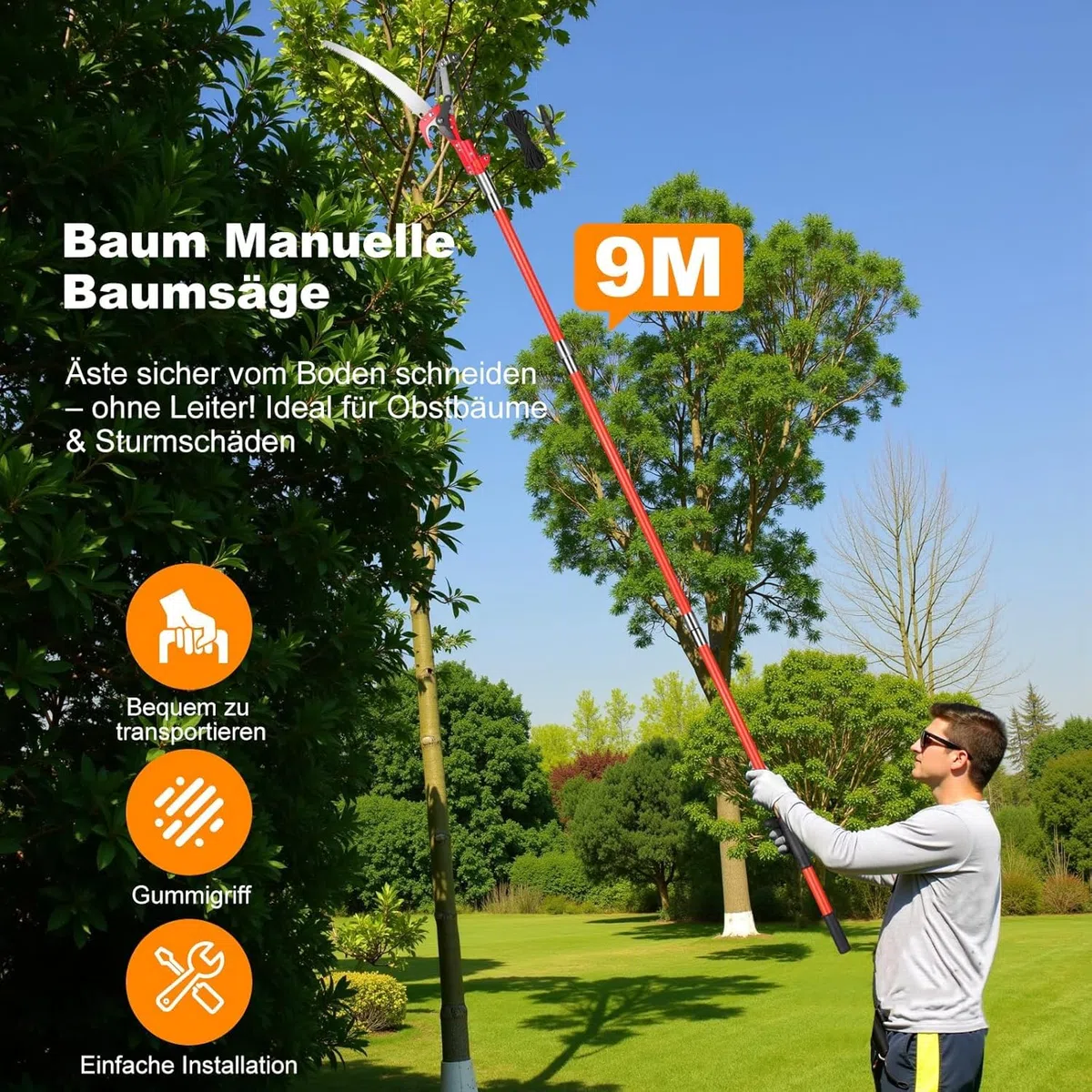 2-in-1 Teleskop-Astschneider & Astsäge 9 m, Profi Gartenschere mit 65Mn Stahlklinge, ausziehbarer Hochentaster für Obstbäume, Palmen & Gartenarbeiten, inkl. Zubehör & Tasche