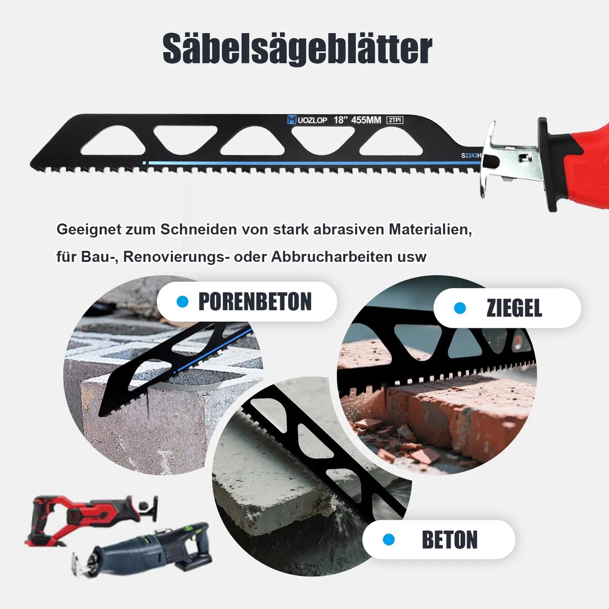 455mm Säbelsägeblätter Stein， 3 Stück säbelsägeblätter hartmetall ，steinsäge，Sägeblätter Säbelsäge für Porenbeton, Metall，Ziegel，Beton (3, 455mm)