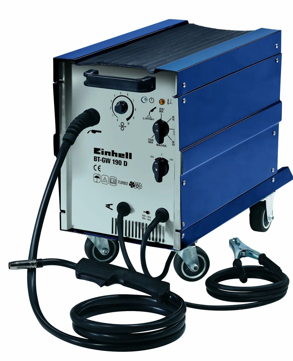 Einhell Schutzgas Schweißgerät BT-GW 190 D (41 V, inkl. Masseklemme, Brenner, Ventilatorkühlung, fahrbar, Schweißschirm, Druckminderer, Adapterkabel)