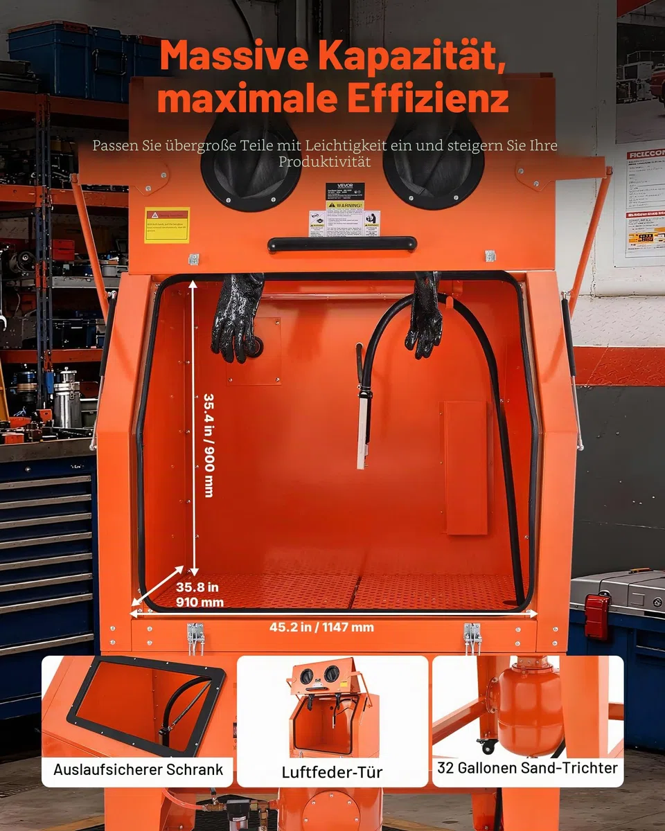 VEVOR Sandstrahlkabine 926 L, Sandstrahlgerät aus Stahl auf Rädern, mit 121 L Strahlmittelbehälter und 1,6-PS-Staubabsaugung, Sandstrahlanlage für die Oberflächenbearbeitung übergroßer Teile