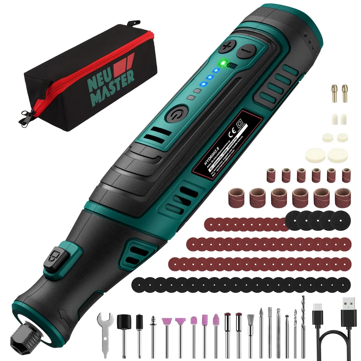 MASTER 8V 2.0Ah Akku Multifunktionswerkzeug Set mit 117 Zubehör, LED, 5-Gang, zum Bohren Gravieren Polieren Schleifen