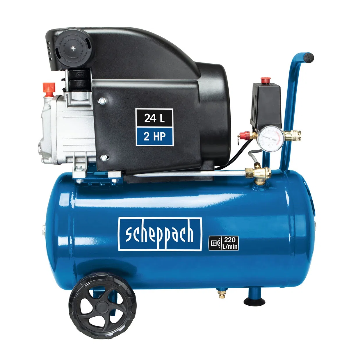 Scheppach Kompressor HC26 Druckluftkompressor | 220 l/min Ansaugleistung | 24 Liter Kessel | 1500W | 8 bar | ölgeschmiert | mit Griff und Fahrvorrichtung | inkl. 5m Schlauch, Reifenfüllgerät + Zubehör